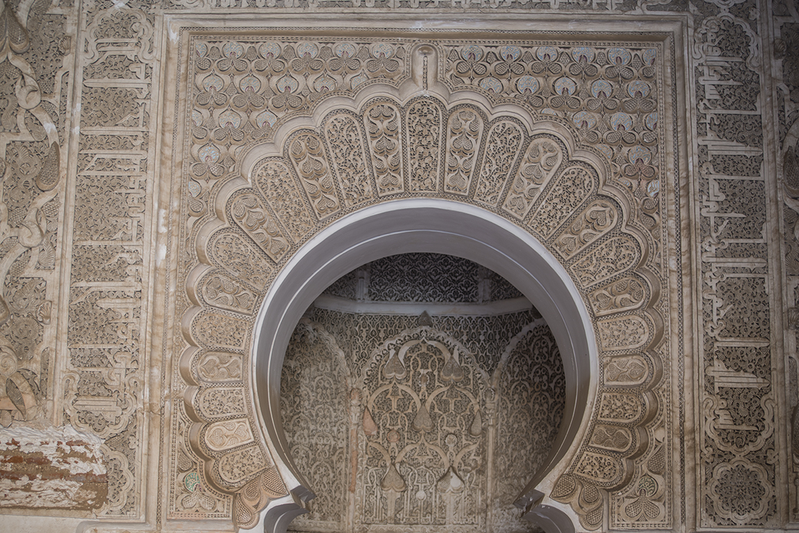 Carving details in the courtyard at the Ali ben Youssef Medersa